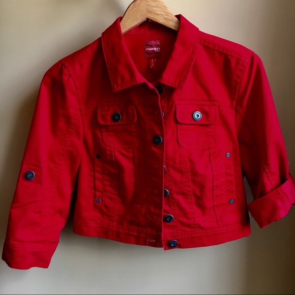 cherry red denim jacket